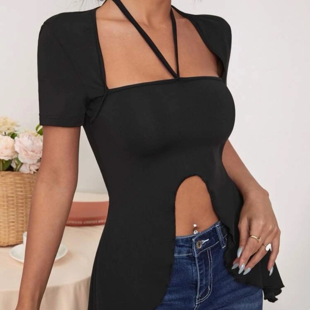 New Sexy Black Plain Asymmetrical Hem Tie Back Halter Short Sleeve Top - Picture 13 of 13